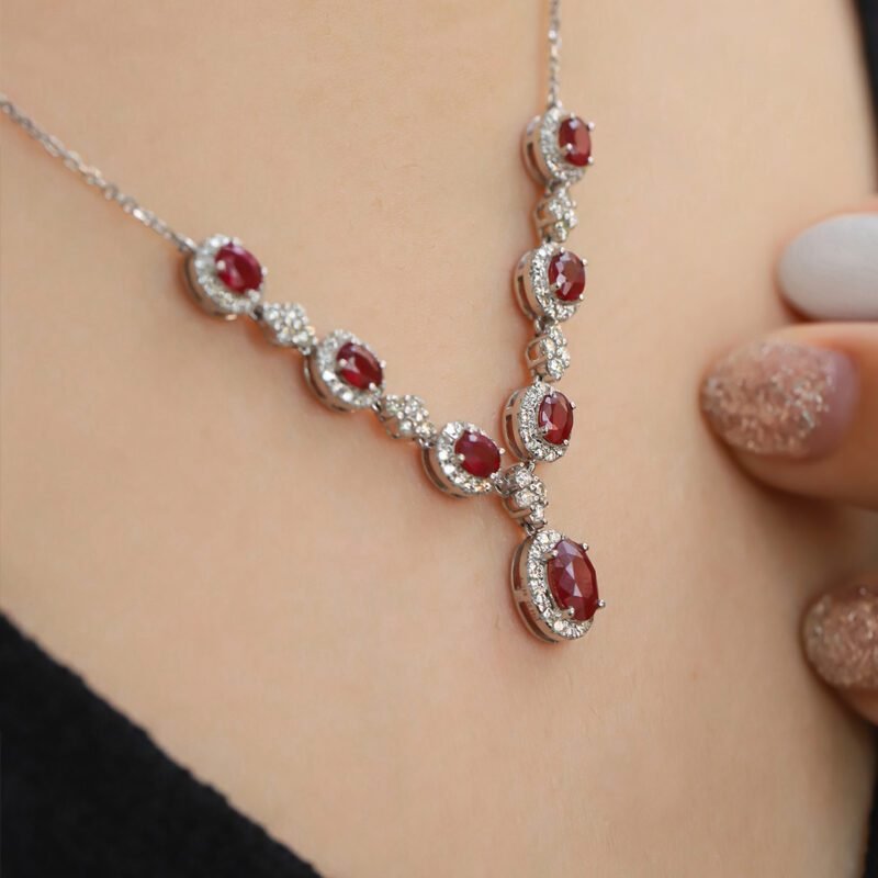 18K White gold Ruby Necklace V-shaped necklace 2.65ct Oval ruby necklace Diamond necklace