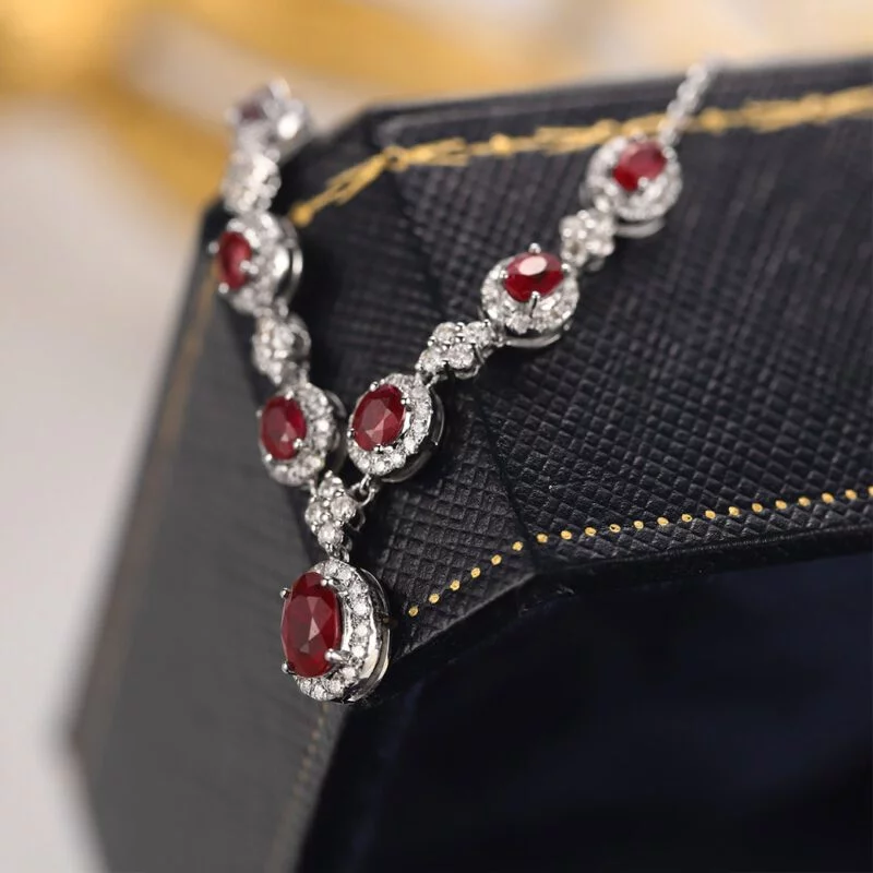 18K White gold Ruby Necklace V-shaped necklace 2.65ct Oval ruby necklace Diamond necklace