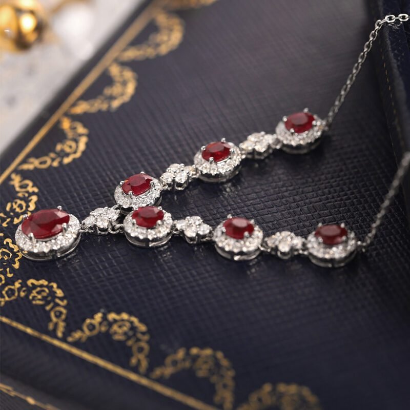 18K White gold Ruby Necklace V-shaped necklace 2.65ct Oval ruby necklace Diamond necklace