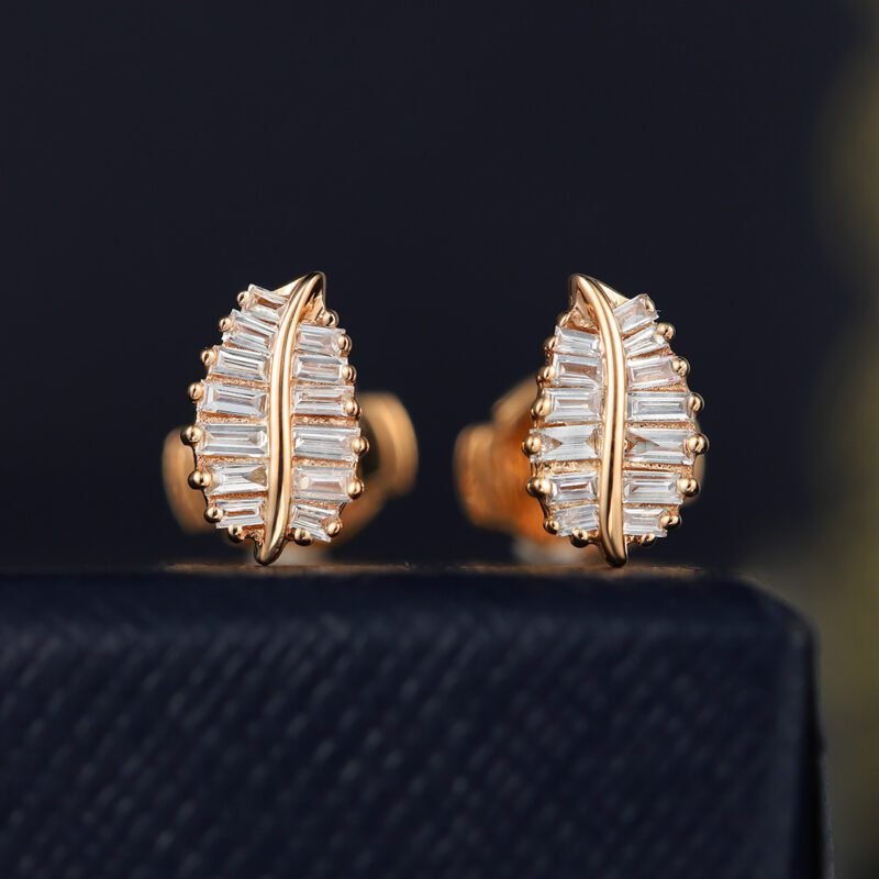 18K Yellow Gold Diamond Leaf Earrings Dainty Diamond Studs Natural Diamond Leaf Earrings