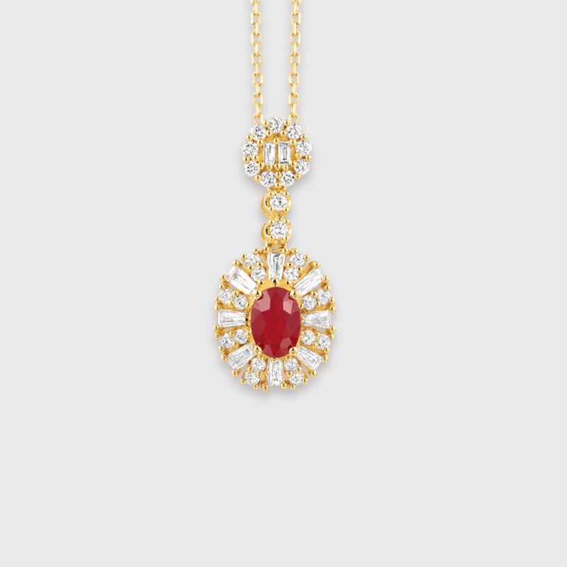 18K Yellow Gold Oval Ruby Necklace Unique Diamond Pendan 18k Solid Yellow - White - Rose Minimal Gold Dainty Necklace for Women