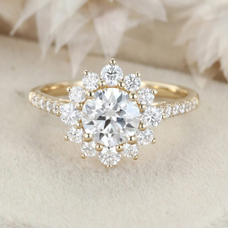 1ct Round Cut Moissanite Engagement Ring Round Cluster Diamond Ring 14K Solid Gold