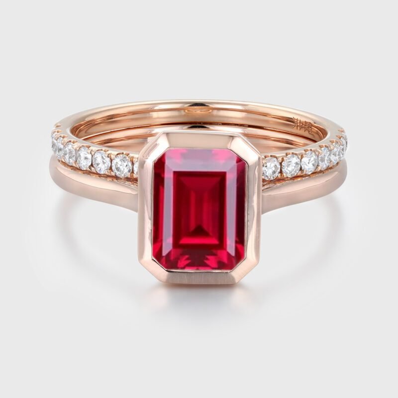 2 CT Emerald Cut Lab Ruby Ring Set Bezel Ruby Engagement Ring 14K Rose Gold Half Eternity Diamond Wedding Ring
