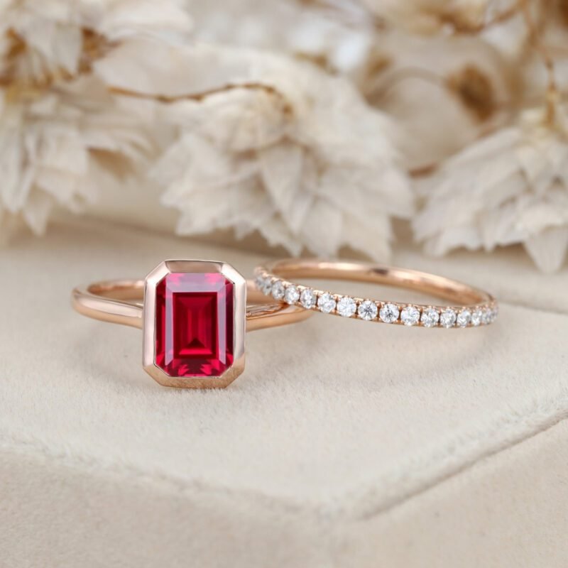 2 CT Emerald Cut Lab Ruby Ring Set Bezel Ruby Engagement Ring 14K Rose Gold Half Eternity Diamond Wedding Ring
