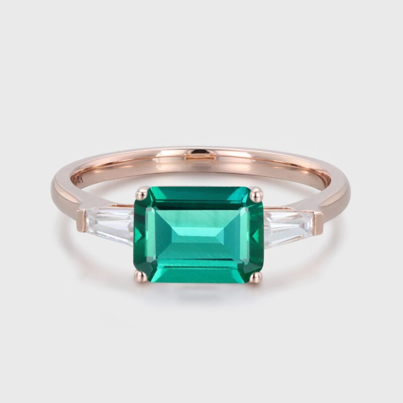 Three Stone 2 Carat 8x6mm Emerald Cut Lab Grown Emerald East West Engagement ring 14K Solid Gold Ring