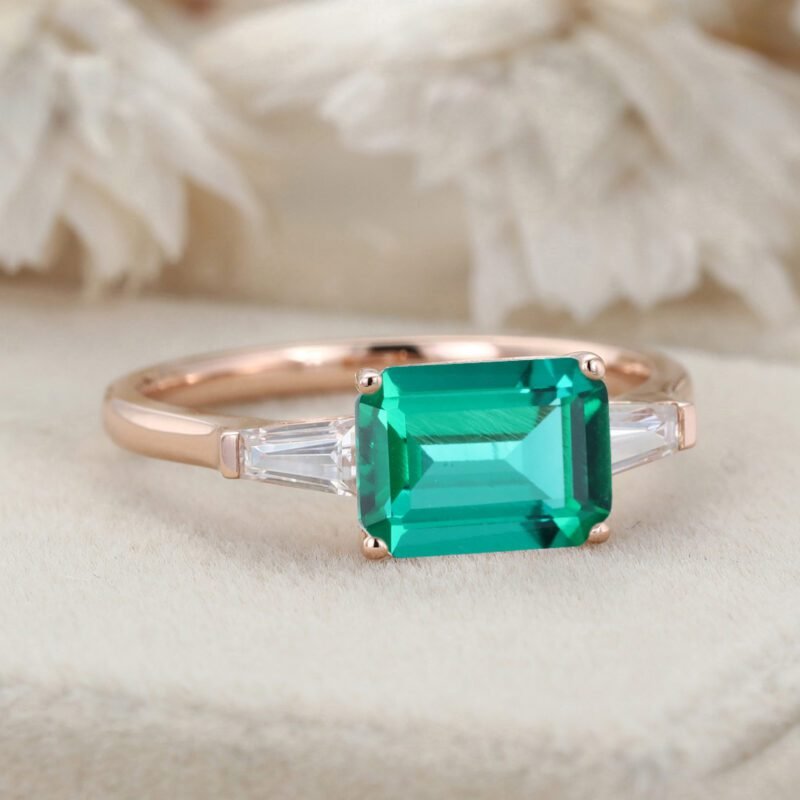 2 Carat 8x6mm Emerald Cut Lab-Grown Emerald East West Engagement ring 14K Solid Gold Ring