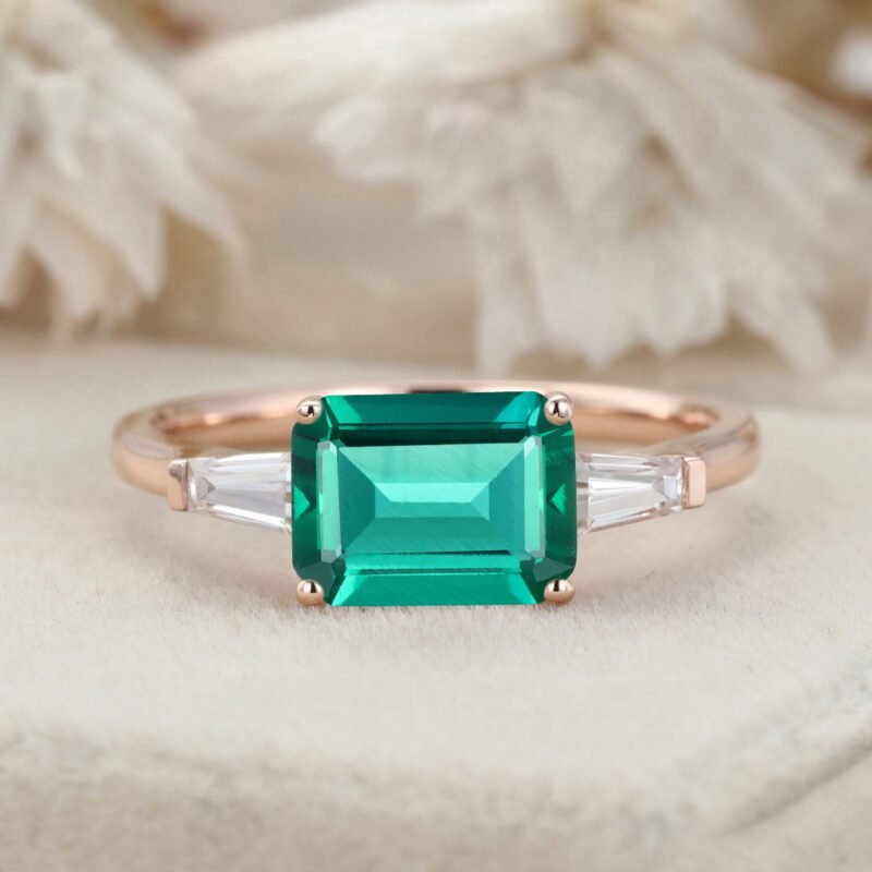 2 Carat 8x6mm Emerald Cut Lab-Grown Emerald East West Engagement ring 14K Solid Gold Ring
