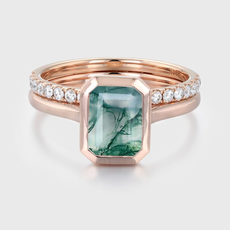 2 ct Emerald Cut Moss Agate Ring Set Bezel Moss Agate Engagement Ring Rose Gold Moissanite Wedding Bridal Promise Ring