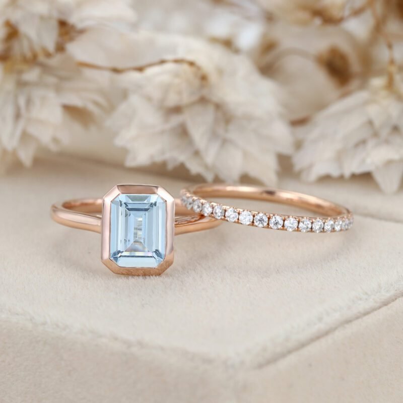 2.0CT Emerald Cut Bezel Natural Aquamarine Engagement Ring Set Wedding Ring Set Dimaond Stacking Ring Rose Gold Ring