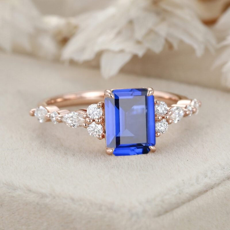 2.0CT Emerald Cut Lab Sapphire Engagement Ring 14K Rose Gold Diamond Cluster Ring Art Deco Bridal Promise Ring September Birthstone