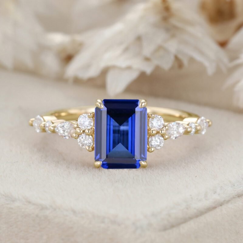 2.0CT Emerald Cut Lab Sapphire Engagement Ring 14K Rose Gold Diamond Cluster Ring Art Deco Bridal Promise Ring September Birthstone