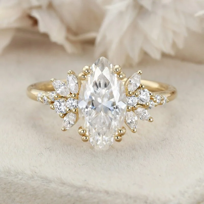 2.0CT Marquise Moissanite Engagement Ring Unique Cluster Diamond Wedding Band 14K Solid Gold