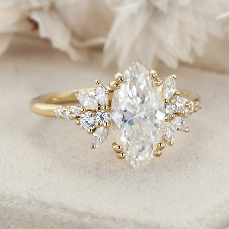 2.0CT Marquise Moissanite Engagement Ring Unique Cluster Diamond Wedding Band 14K Solid Gold