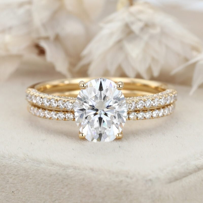 2.0CT Oval Cut Moissanite Engagement Ring Set Half Eternity Band Wedding Ring 14K Solid Gold