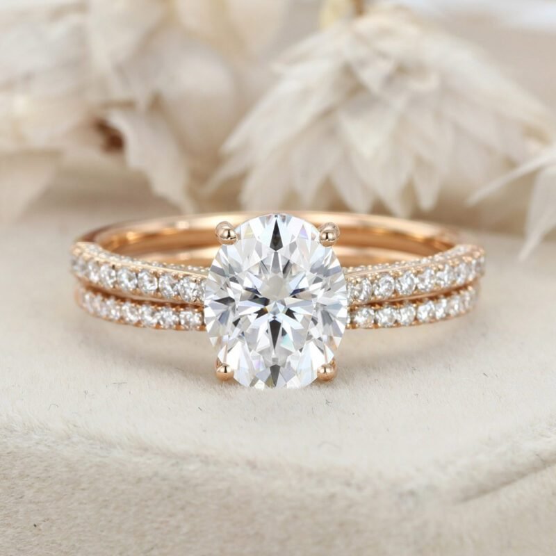2.0CT Oval Cut Moissanite Engagement Ring Set Half Eternity Band Wedding Ring 14K Solid Gold