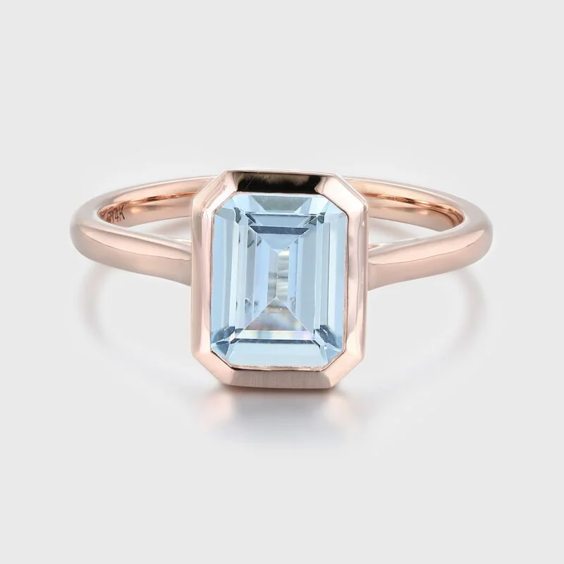 2.0ct Emerald Cut Aquamarine Engagement Ring Rose Gold Ring Bezel Emerald Cut Aquamarine Engagement Ring Solitaire Aquamarine Ring