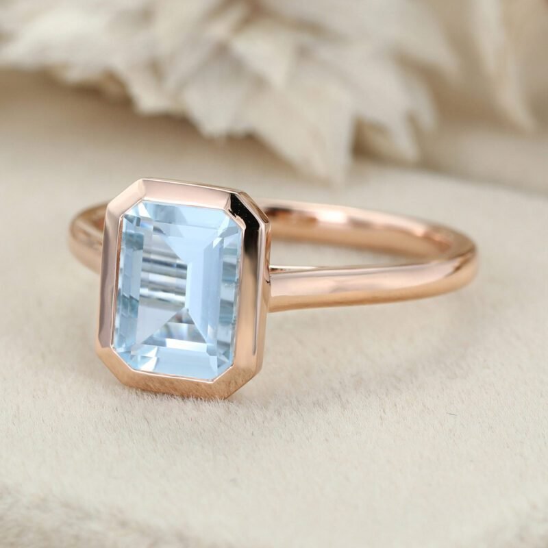 2.0ct Emerald Cut Aquamarine Engagement Ring Rose Gold Ring Bezel Emerald Cut Aquamarine Engagement Ring Solitaire Aquamarine Ring