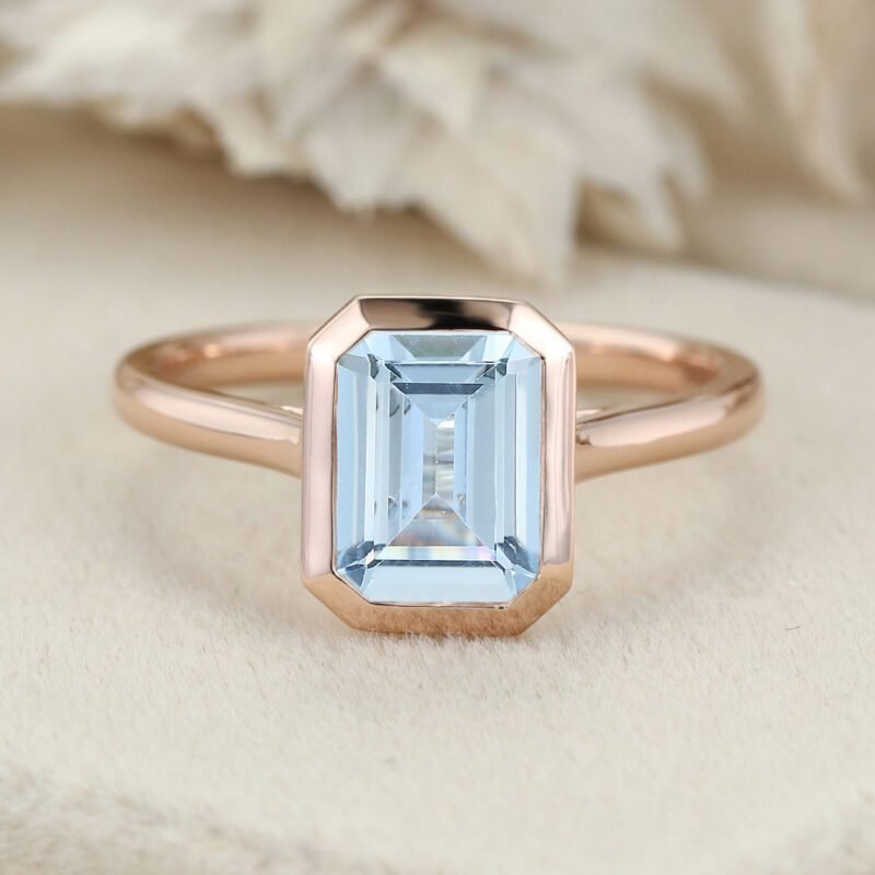 2.0ct Emerald Cut Aquamarine Engagement Ring Rose Gold Ring Bezel Emerald Cut Aquamarine Engagement Ring Solitaire Aquamarine Ring