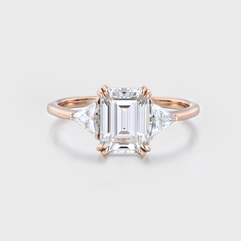 2 Carat Emerald Cut Moissanite Three Stone Ring 14k Rose Gold Engagement Ring Bridal Promise Anniversary