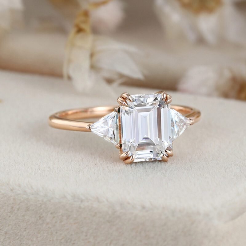 1.5ct Emerald cut Moissanite engagement ring Rose gold engagement ring Vintage triangle moissanite ring diamond ring Bridal promise Anniversary