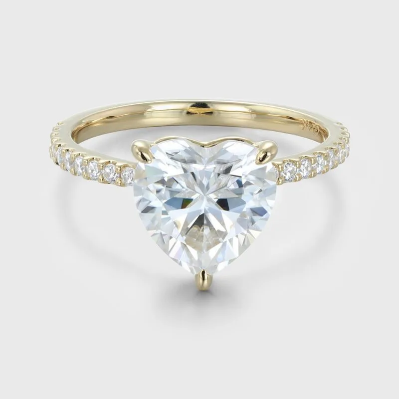 Pave Set Side-Stone 3 Carat Heart Cut Moissanite Engagement Ring In 14K Yellow Gold