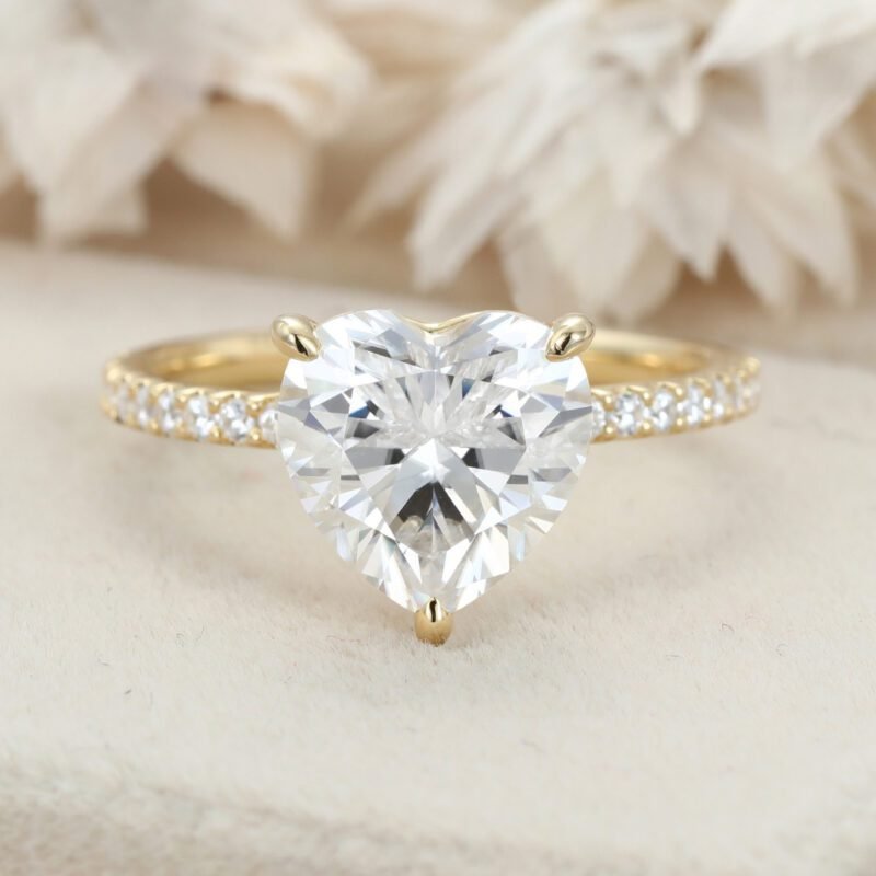 3.0ct Heart Cut Moissanite Engagement Ring Pave Set Side-Stone Round Diamond Engagement Ring 14k Solid Gold Moissanite Ring for Women