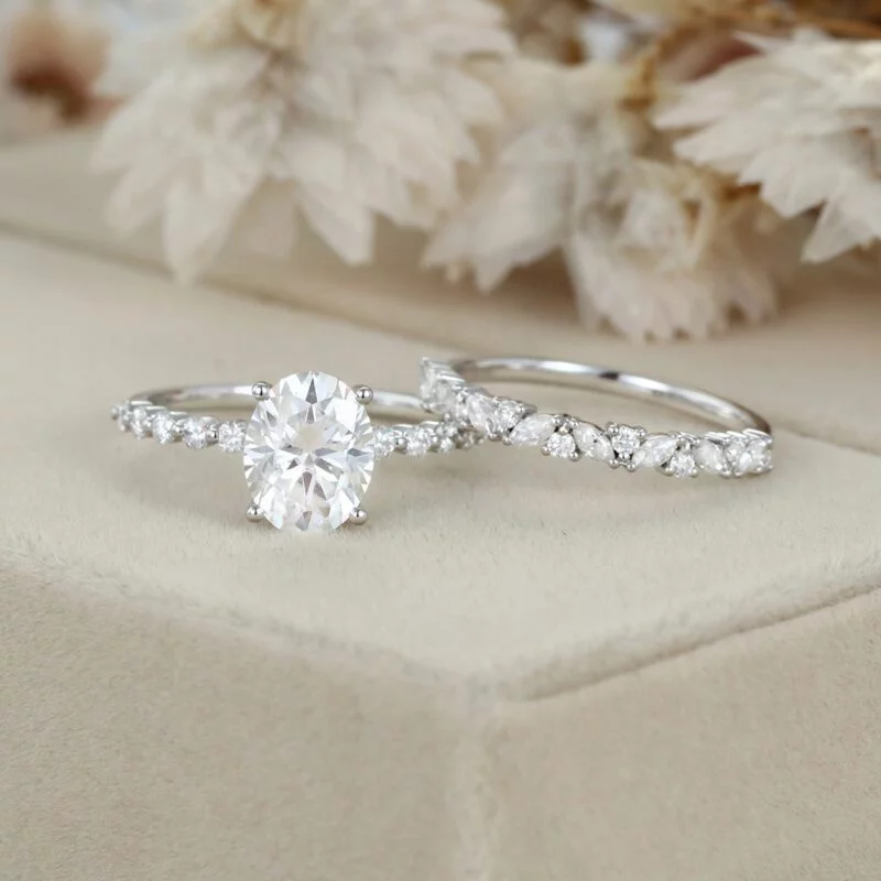 2.0ct Oval Cut Moissanite Engagement Ring Set Half Eternity Band Wedding Ring 14K White Gold Diamond Marquise Ring Anniversary gift