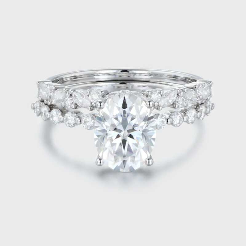 2.0ct Oval Cut Moissanite Engagement Ring Set Half Eternity Band Wedding Ring 14K White Gold Diamond Marquise Ring Anniversary gift