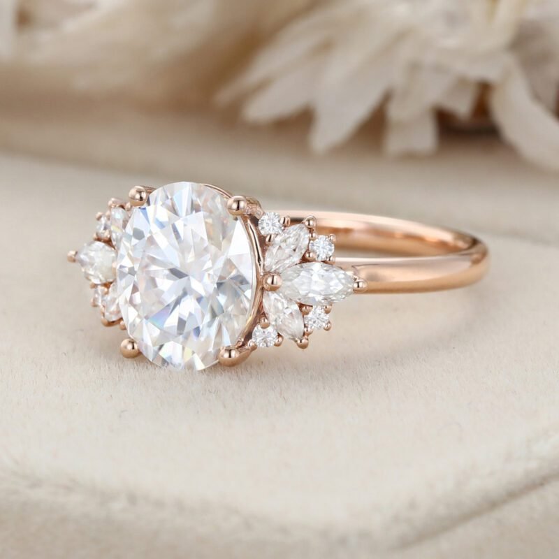 2.0ct Oval Moissanite engagement ring Vintage Rose gold Cluster engagement ring Art Deco marquise engagement ring Bridal Promise Anniversary