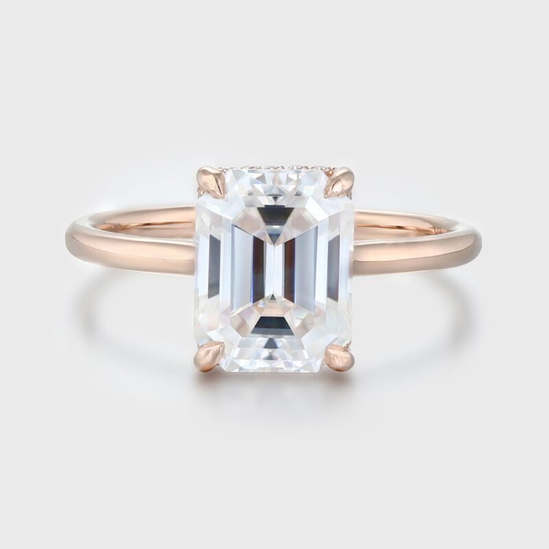 2.5CT Emerald Cut Moissanite Engagement Ring Art Deco 14K Solid Rose Gold Ring