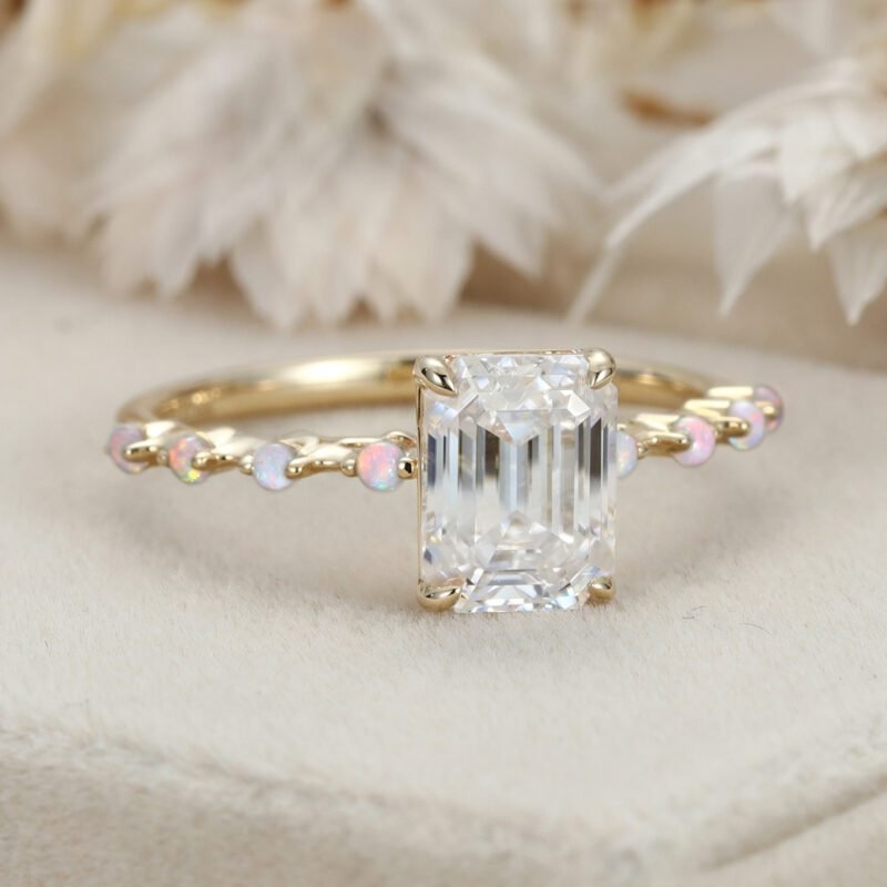 2CT Emerald Cut Moissanite Engagement Ring Unique Vintage 14K Solid Gold Opal Side Stone Wedding Ring