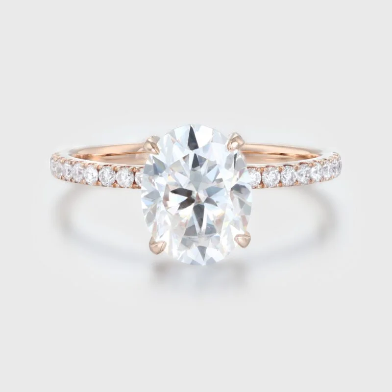 2 Carat Oval Cut Moissanite Hidden Halo Engagement Ring In 14k Rose Gold