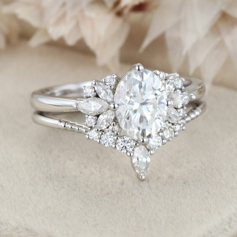 2CT Oval Cut Moissanite Engagement Ring Set 14K White Gold Art Deco Ring Bridal Ring