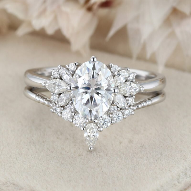 2CT Oval Cut Moissanite Engagement Ring Set 14K White Gold Art Deco Ring Bridal Ring