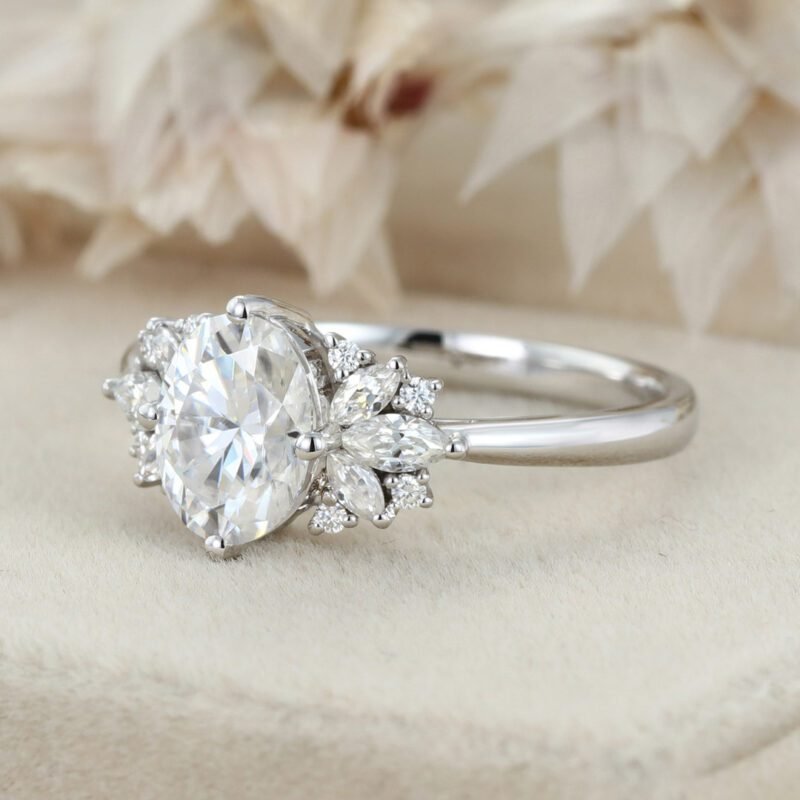 2CT Oval Cut Moissanite Engagement Ring Vintage White Gold Cluster Diamond Wedding Ring