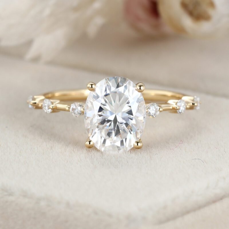 2CT Oval Moissanite Engagement Ring Vintage 14K Yellow Gold Art Deco Bridal Ring