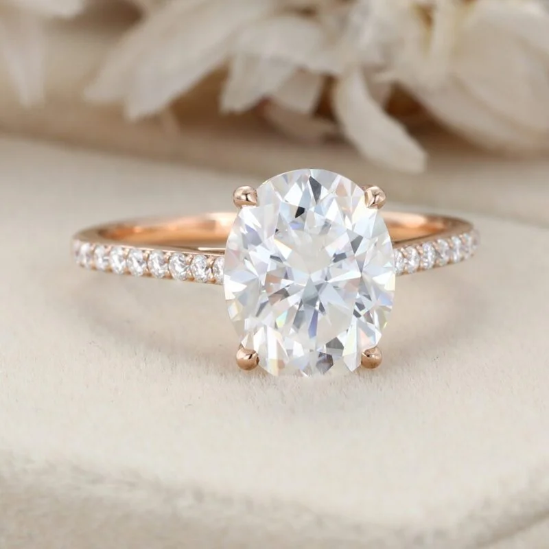 2CT Oval cut Moissanite engagement ring women Unique Rose gold moissanite ring Vintage Half Eternity wedding ring Bridal promise Anniversary