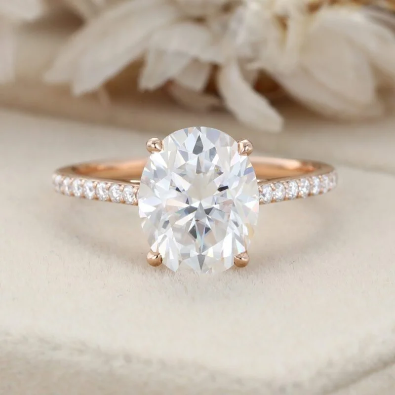 2CT Oval cut Moissanite engagement ring women Unique Rose gold moissanite ring Vintage Half Eternity wedding ring Bridal promise Anniversary