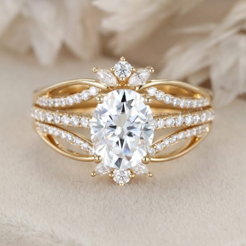 2CT Oval moissanite engagement ring set 14K Yellow gold double ring vintage marquise cluster diamond ring Bridal set Promise Anniversary gift