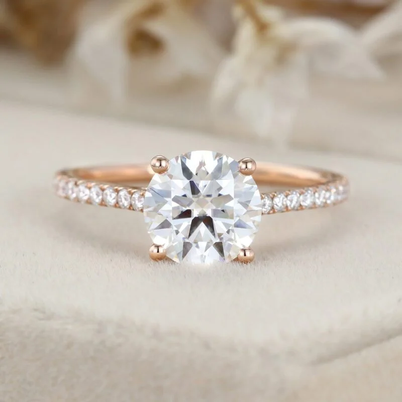 2CT Round Moissanite Engagement Ring Vintage Rose Gold Diamond Ring Half Eternity Moissanite Diamond Wedding Ring Promise Anniversary Gift,