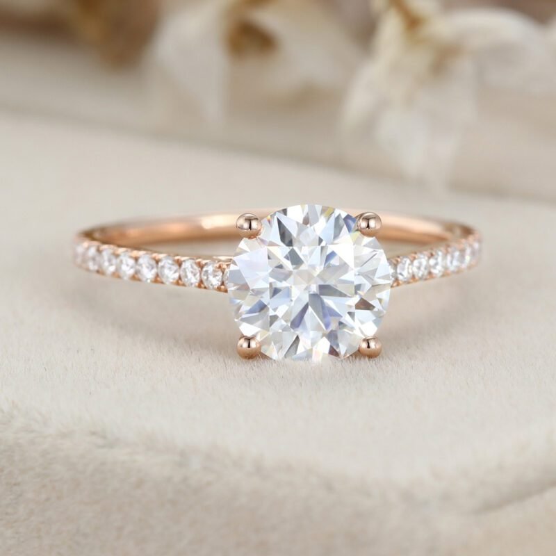 2CT Round Moissanite Engagement Ring Vintage Rose Gold Diamond Ring Half Eternity Moissanite Diamond Wedding Ring Promise Anniversary Gift,