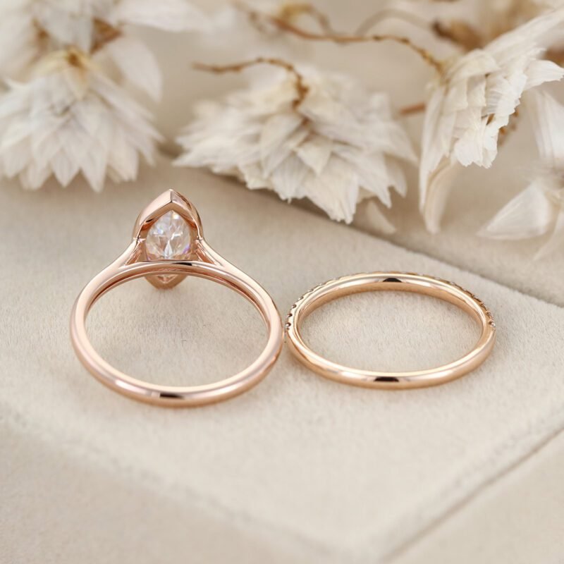 2PCS Bridal Set Colorless Moissanite Rings Hidden Halo Bezel 10x5mm Marquise Moissanite Engagement Ring Half Eternity Wedding Bands