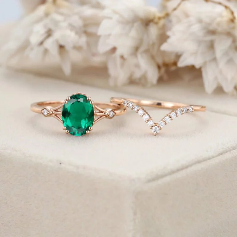 2PCS Oval Lab Emerald engagement ring set Vintage Unique Rosegold delicate wedding band women ring Diamond Bridal Anniversary gift