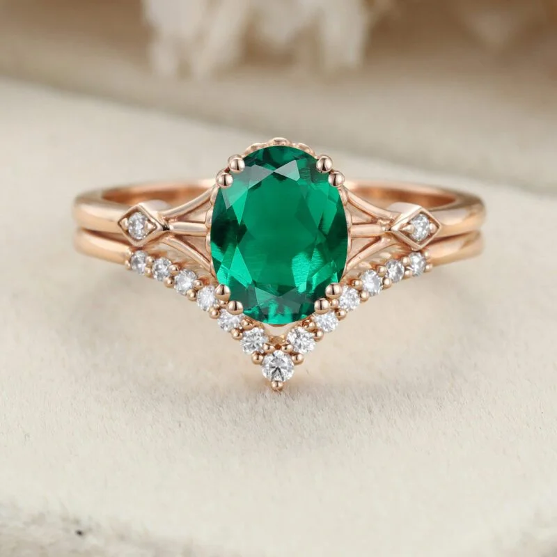 2PCS Oval Lab Emerald engagement ring set Vintage Unique Rosegold delicate wedding band women ring Diamond Bridal Anniversary gift