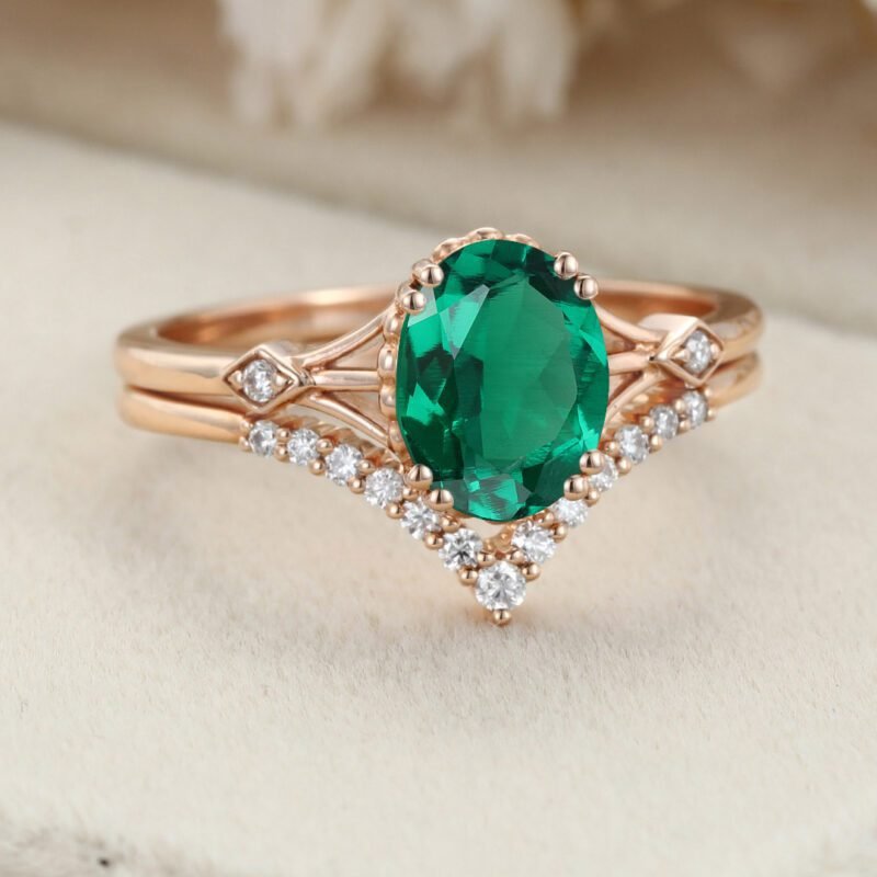 2PCS Oval Lab Emerald engagement ring set Vintage Unique Rosegold delicate wedding band women ring Diamond Bridal Anniversary gift