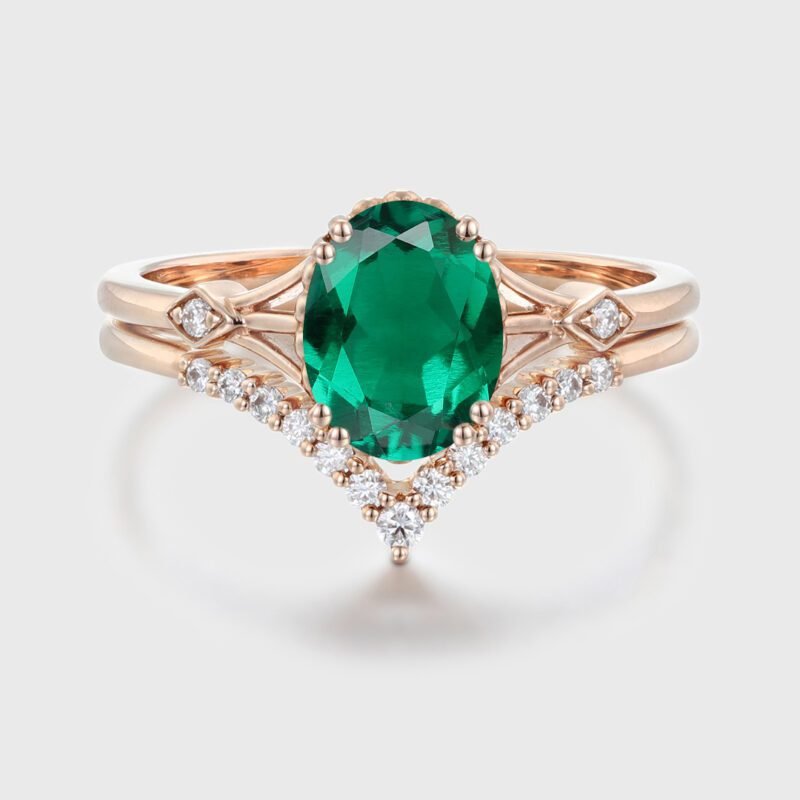 2pcs Oval Lab Emerald Wedding Ring Set Rose Gold Delicate Band Women Ring