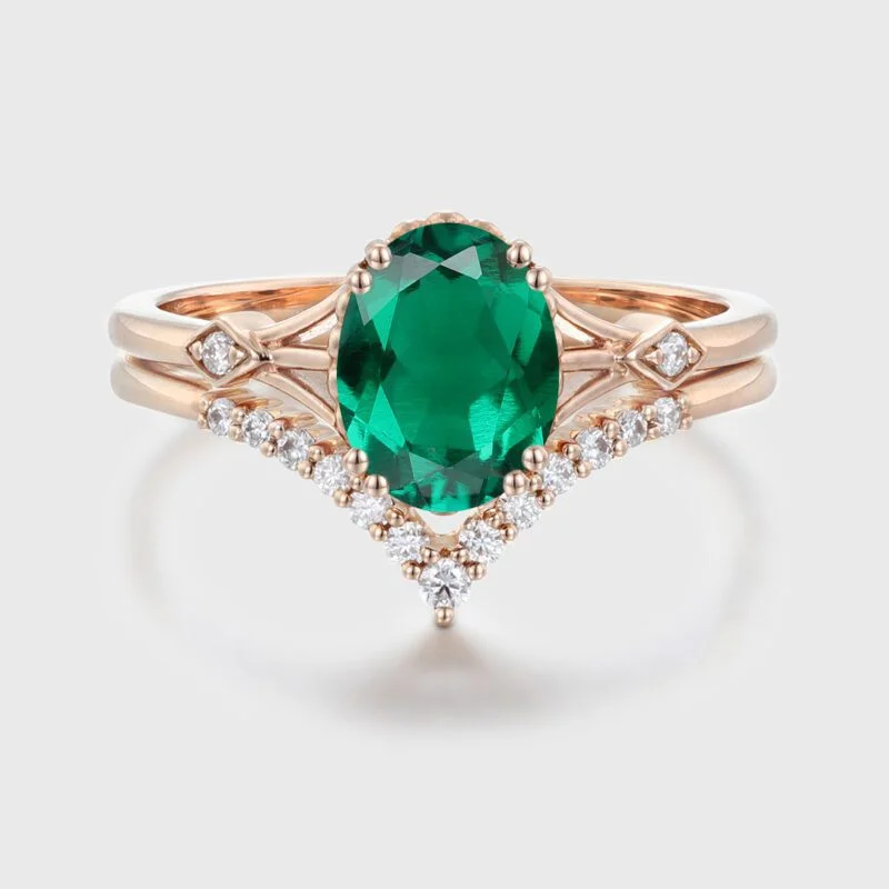 2pcs Oval Lab Emerald Wedding Ring Set Rose Gold Delicate Band Women Ring