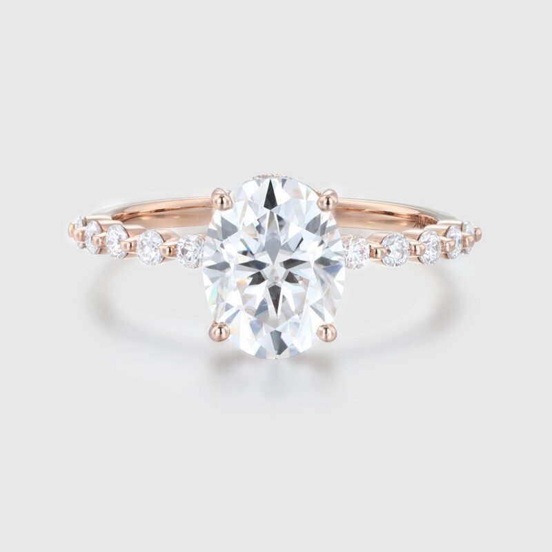 2 Ct Oval Hidden Halo Moissanite Engagement Ring In 14k Rose Gold