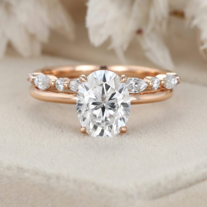 2ct Oval Moissanite Engagement Ring Set Vintage Unique Rose gold Engagement Ring art deco Bridal set Promise Gift Anniversary Gift for Women