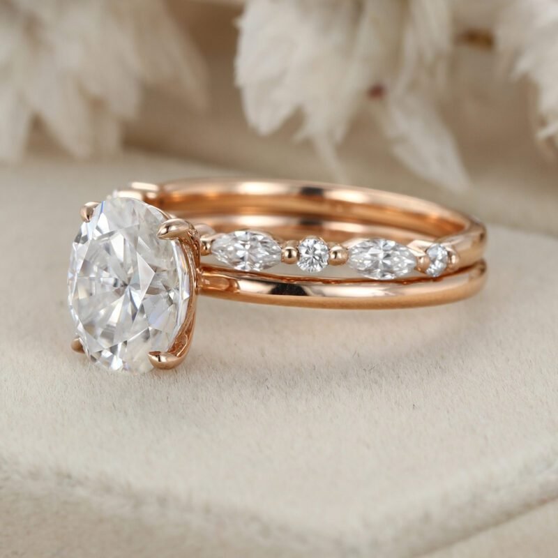 2ct Oval Moissanite Engagement Ring Set Vintage Unique Rose gold Engagement Ring art deco Bridal set Promise Gift Anniversary Gift for Women